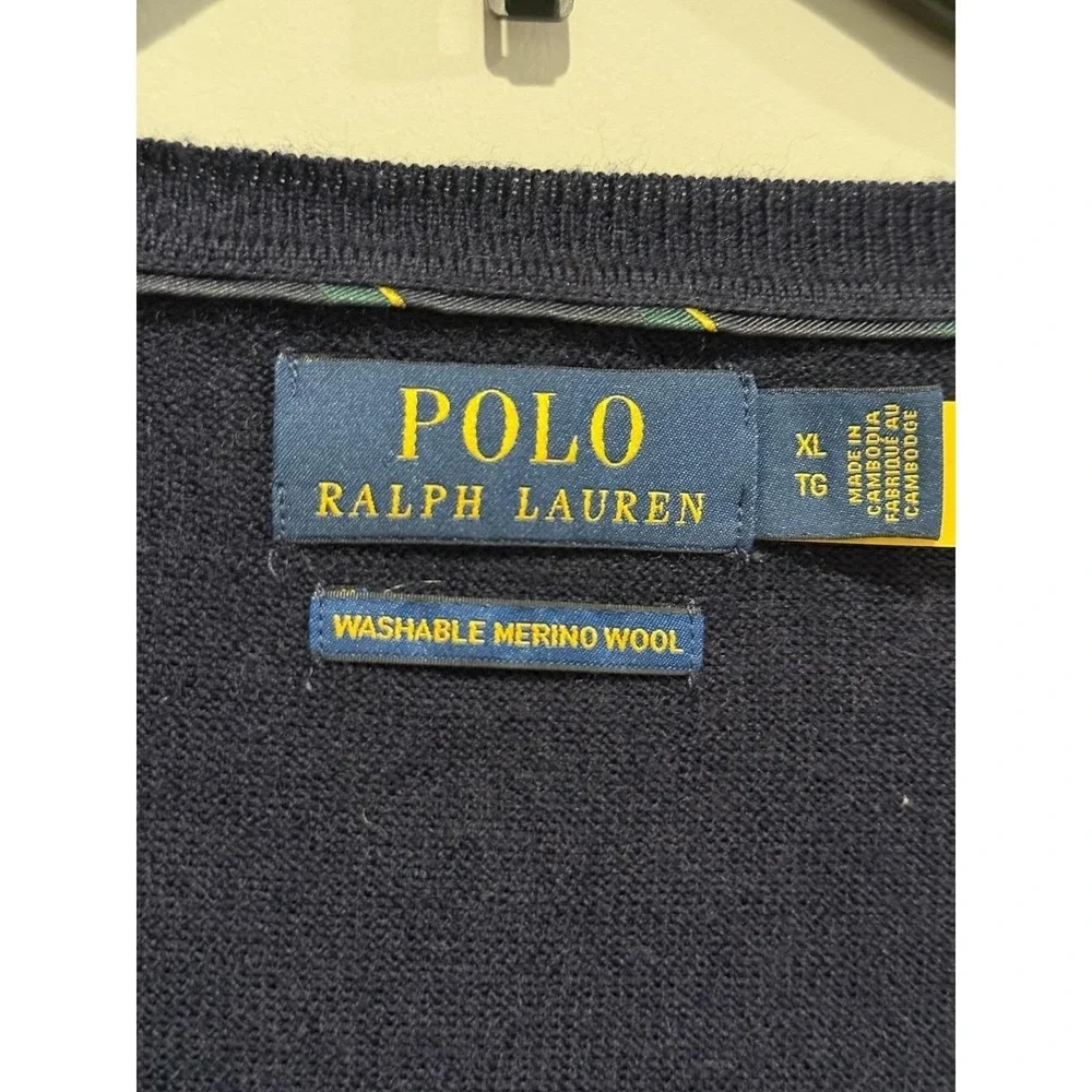 Polo Ralph Lauren V Neck Washable Merino Wool Sweater Navy Blue Men's XL‎